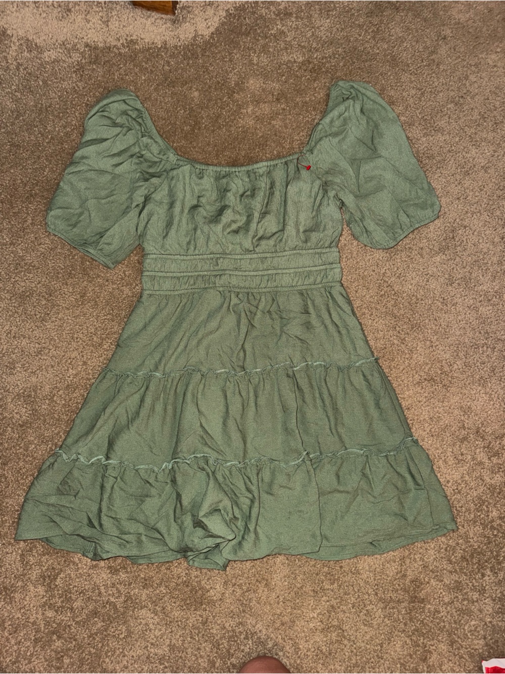 Smocked Waist Puff-Sleeve Mini Dress in Sage Green